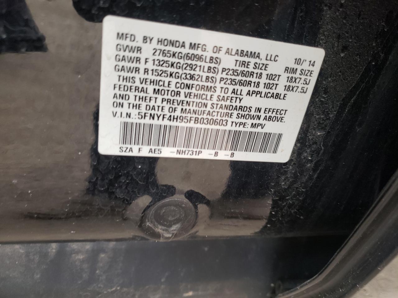 Photo 10 from auction – 2015 HONDA PILOT TOUR with VIN 5FNYF4H95FB030603
