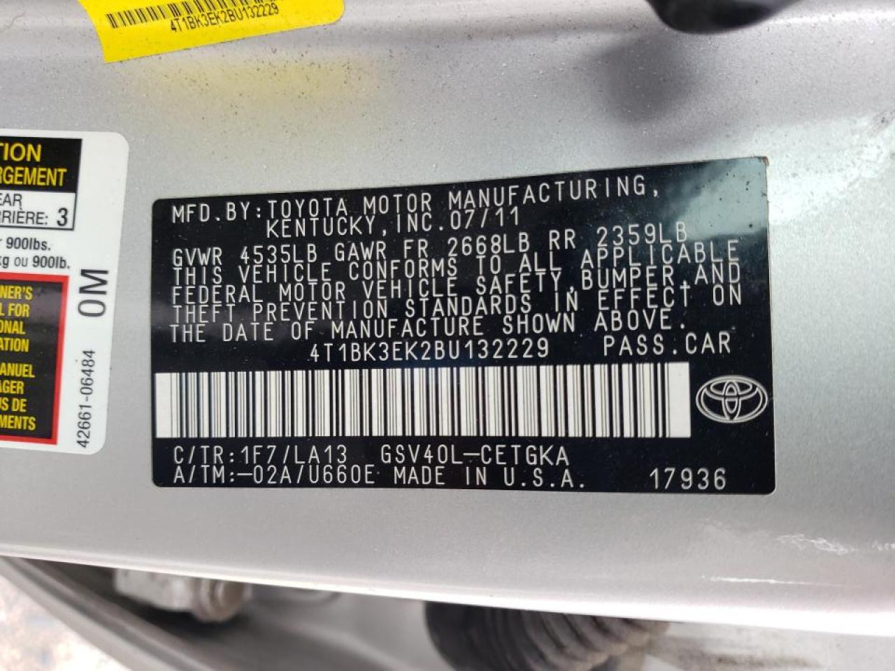 Photo 10 from auction – 2011 TOYOTA CAMRY SE with VIN 4T1BK3EK2BU132229