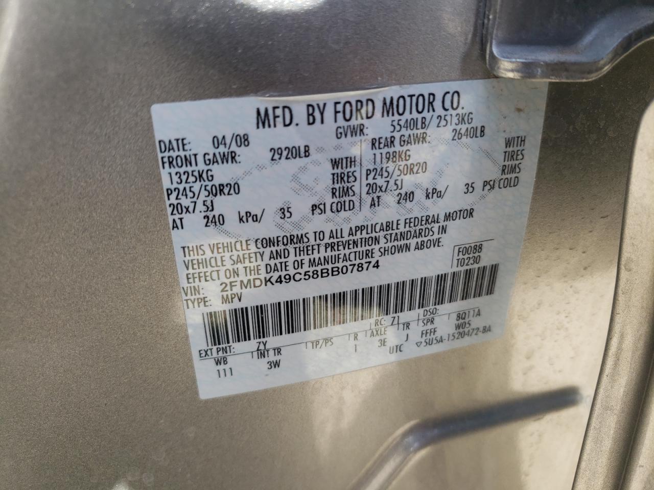 Photo 10 from auction – 2008 FORD EDGE LIMIT with VIN 2FMDK49C58BB07874