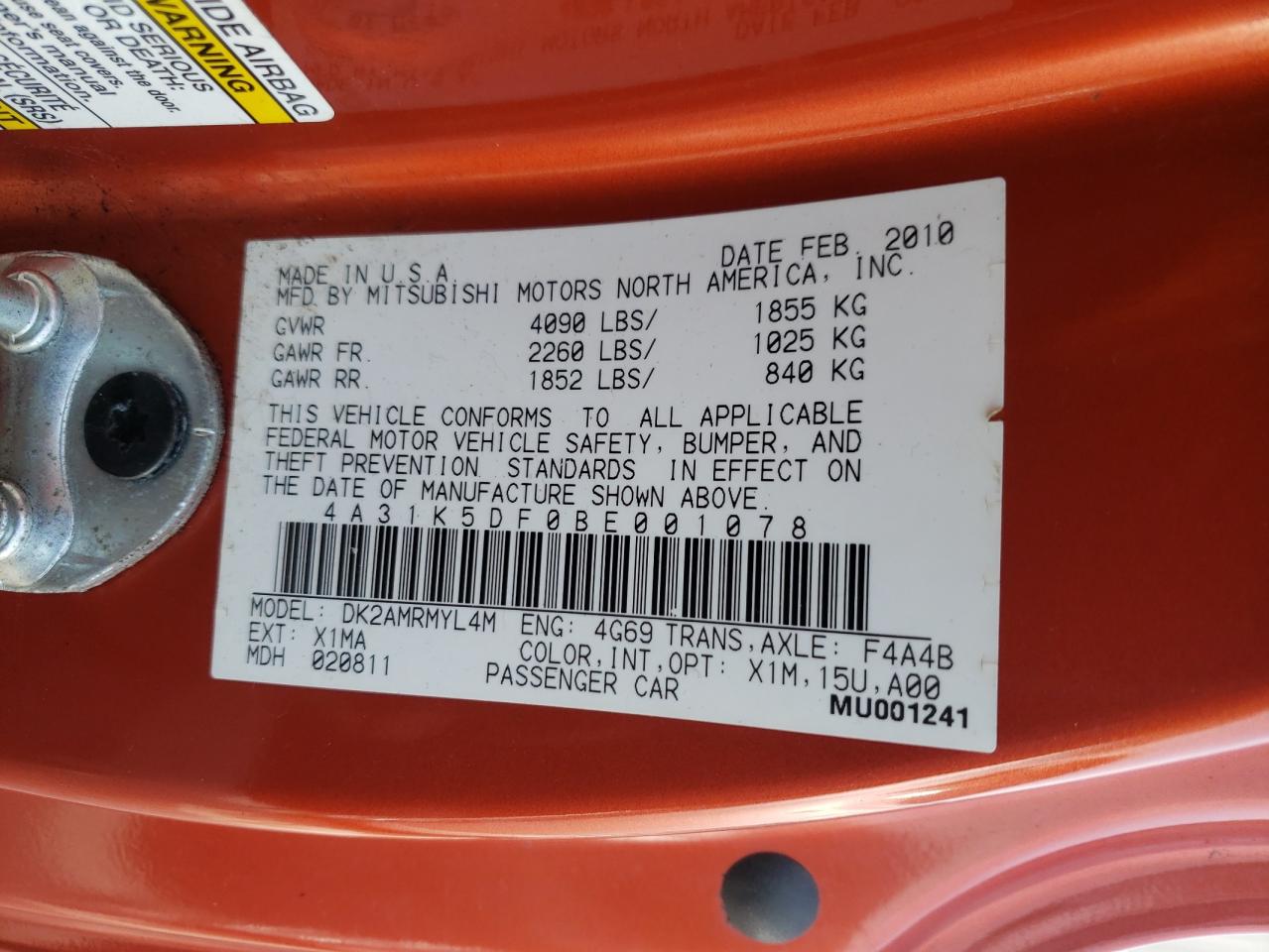 Photo 10 from auction – 2011 MITSUBISHI ECLIPSE GS with VIN 4A31K5DF0BE001078