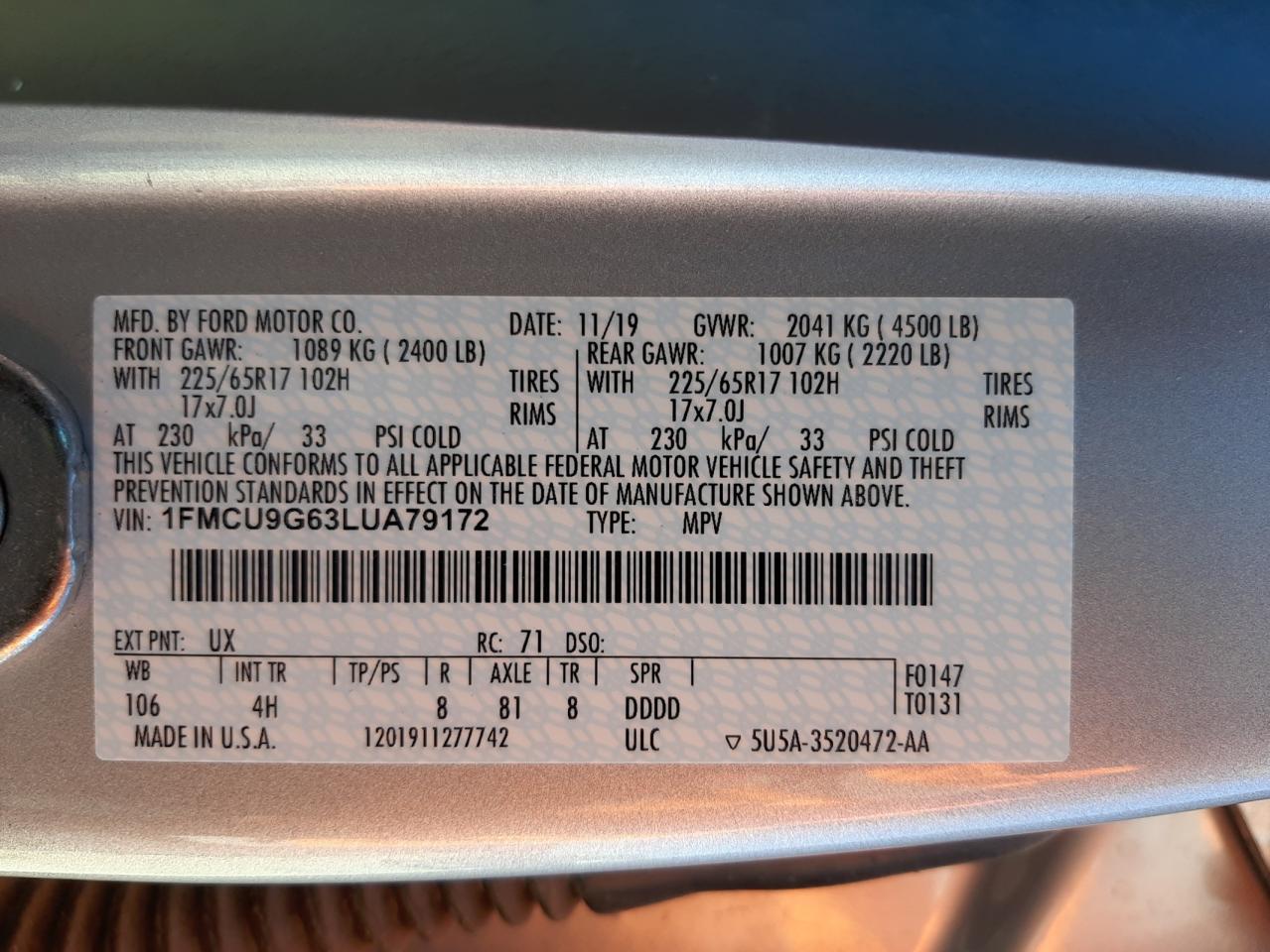 Photo 10 from auction – 2020 FORD ESCAPE SE with VIN 1FMCU9G63LUA79172