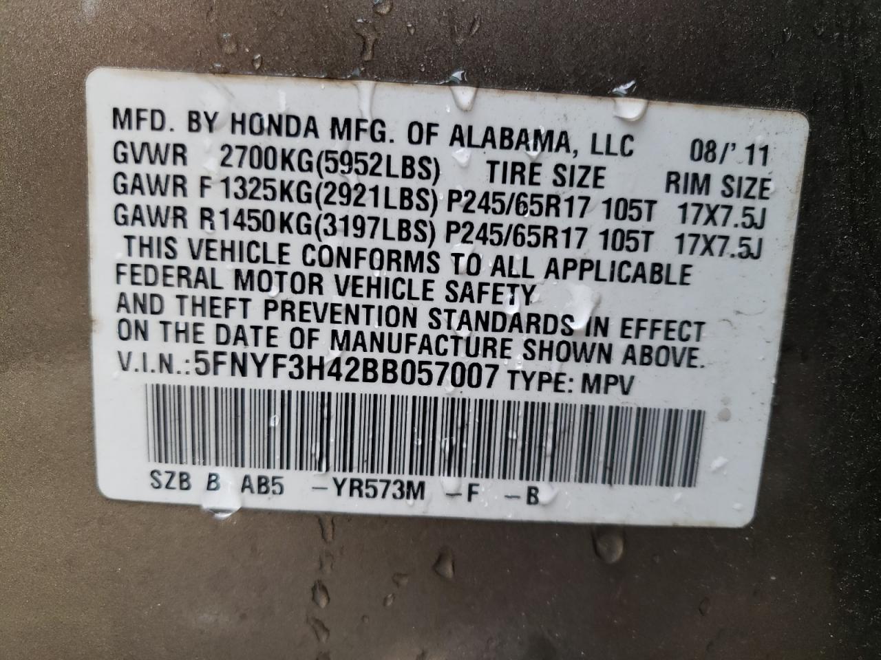 Photo 10 from auction – 2011 HONDA PILOT EX with VIN 5FNYF3H42BB057007