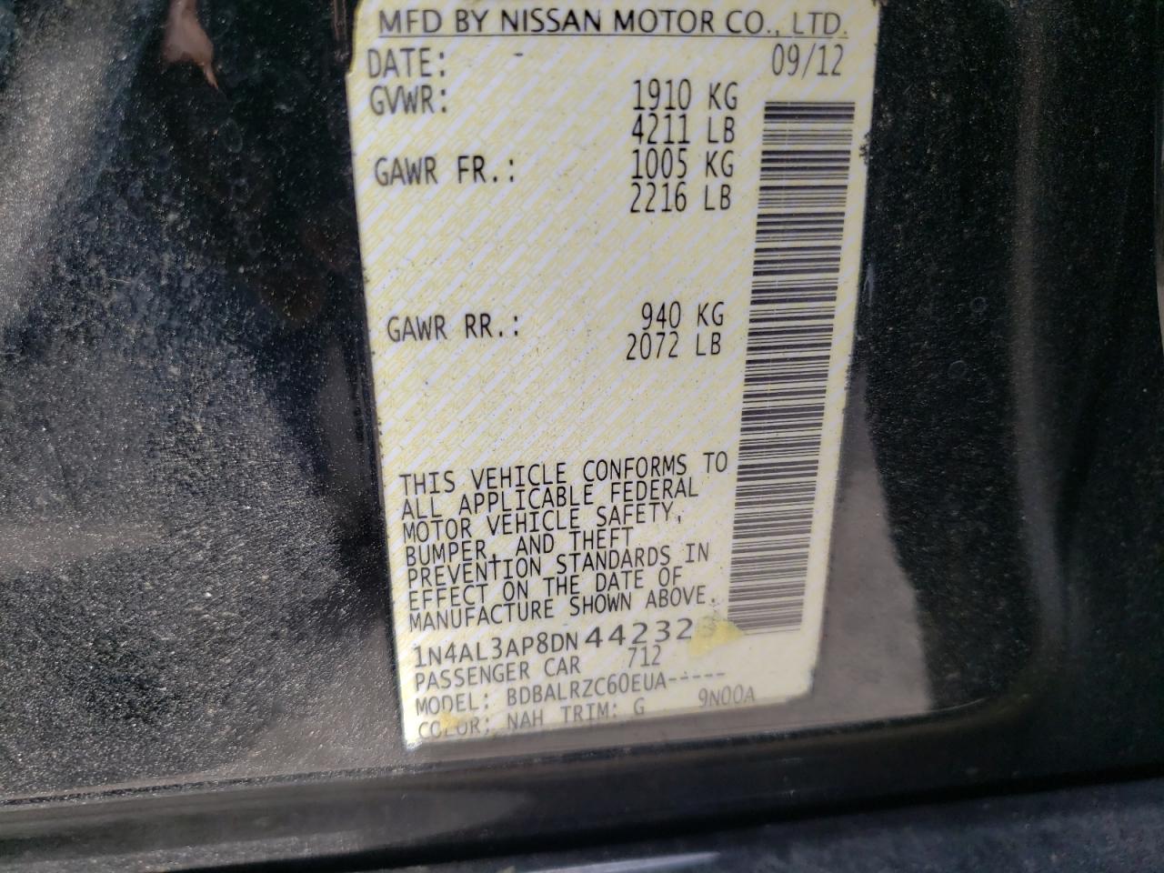 Photo 10 from auction – 2013 NISSAN ALTIMA 2.5 with VIN 1N4AL3AP8DN442323