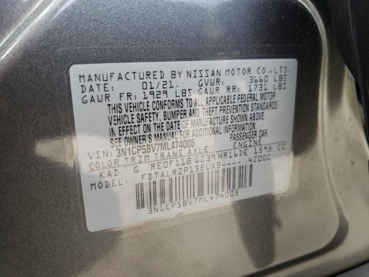 Photo 10 from auction – 2021 NISSAN KICKS S with VIN 3N1CP5BV7ML474005
