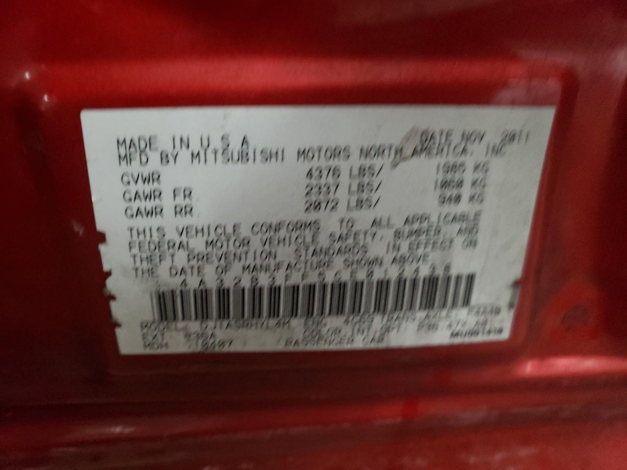 Photo 10 from auction – 2012 MITSUBISHI GALANT ES with VIN 4A32B3FF5CE012438