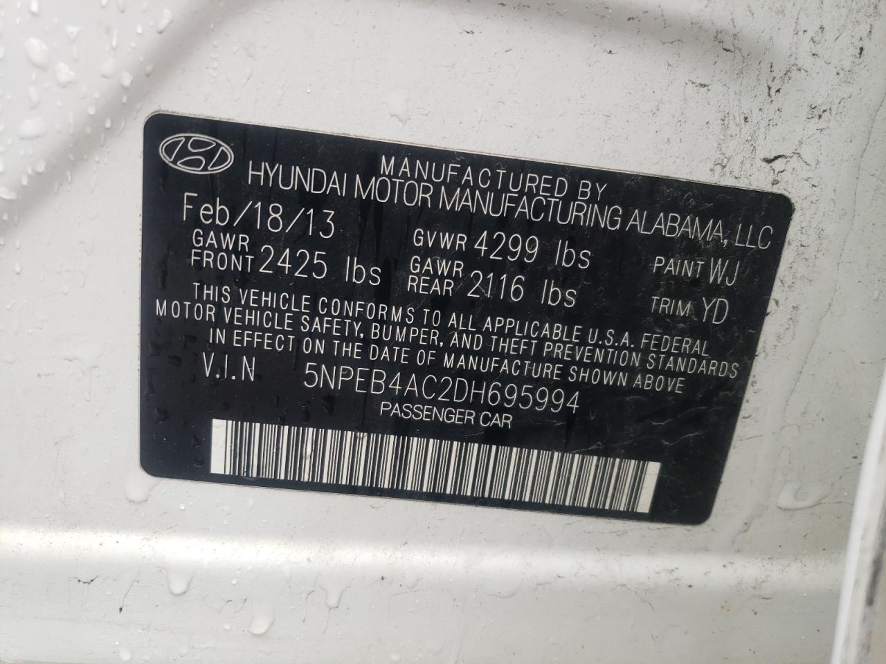 Photo 10 from auction – 2013 HYUNDAI SONATA GLS with VIN 5NPEB4AC2DH695994