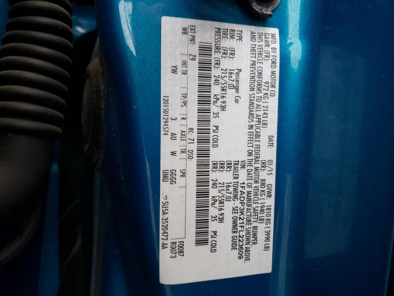 Photo 10 from auction – 2015 FORD FOCUS SE with VIN 1FADP3K21FL223609