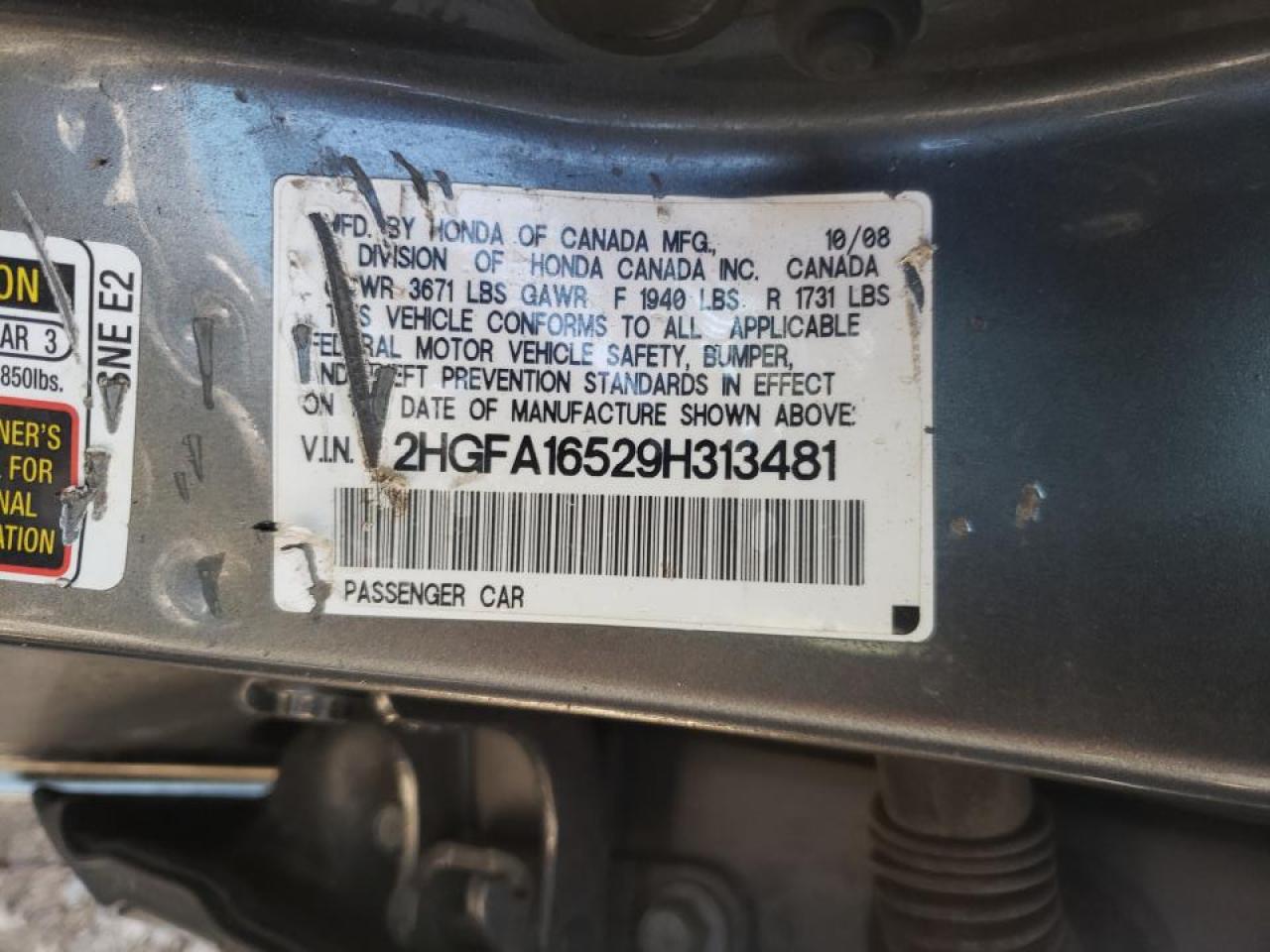 Photo 10 from auction – 2009 HONDA CIVIC LX with VIN 2HGFA16529H313481