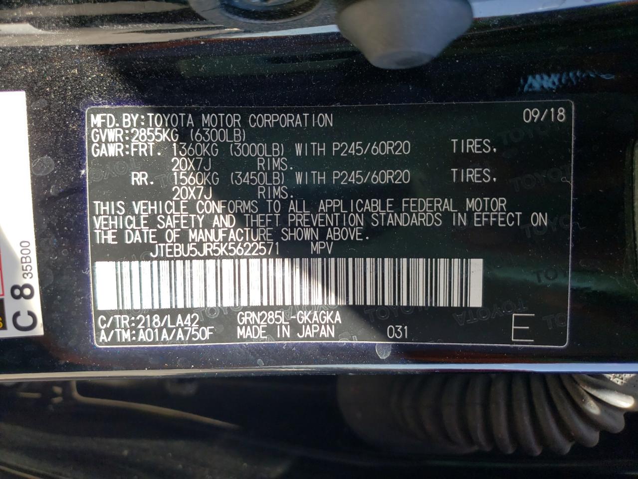 Photo 10 from auction – 2019 TOYOTA 4RUNNER SR with VIN JTEBU5JR5K5622571