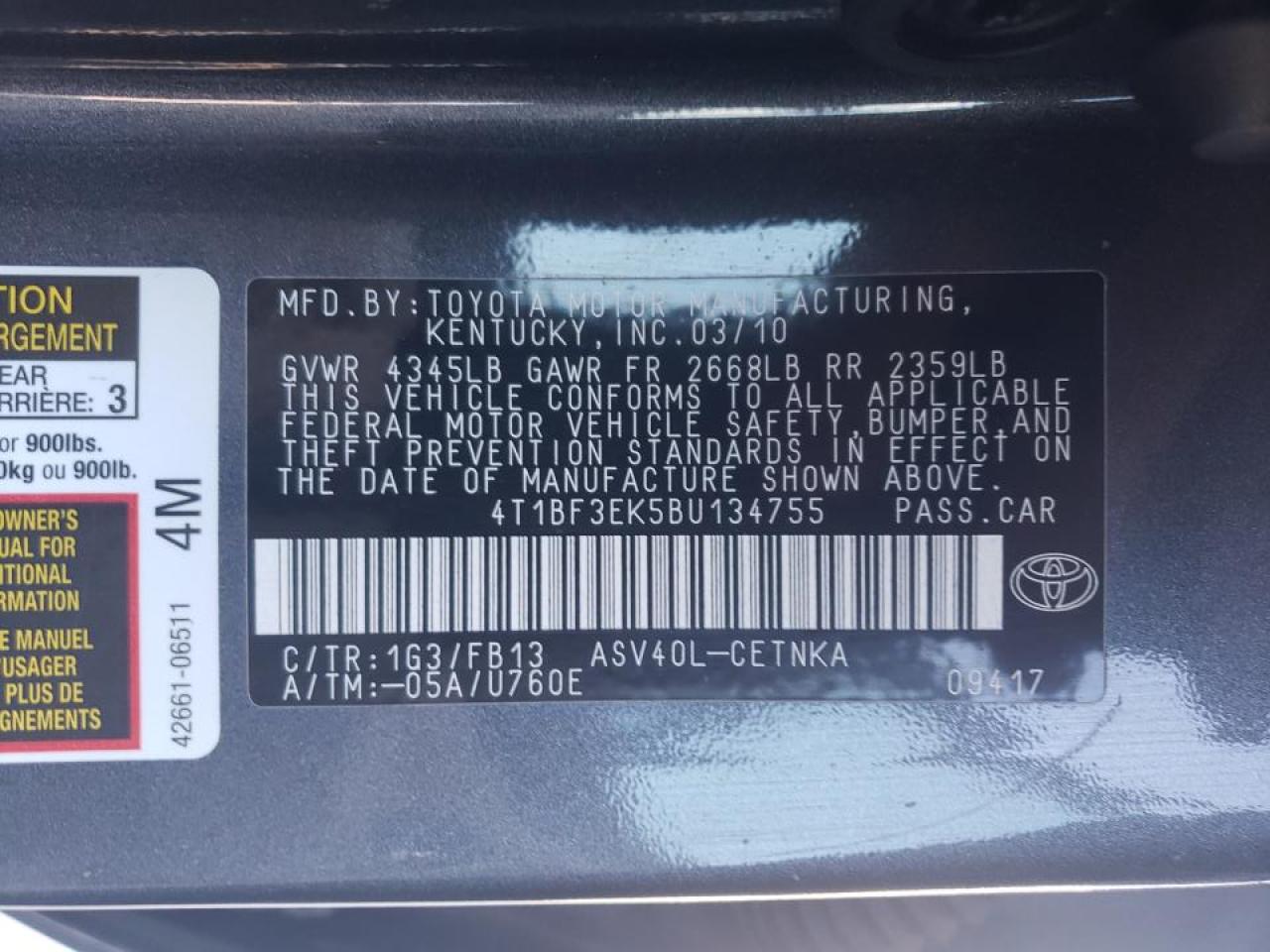 Photo 10 from auction – 2011 TOYOTA CAMRY BASE with VIN 4T1BF3EK5BU134755