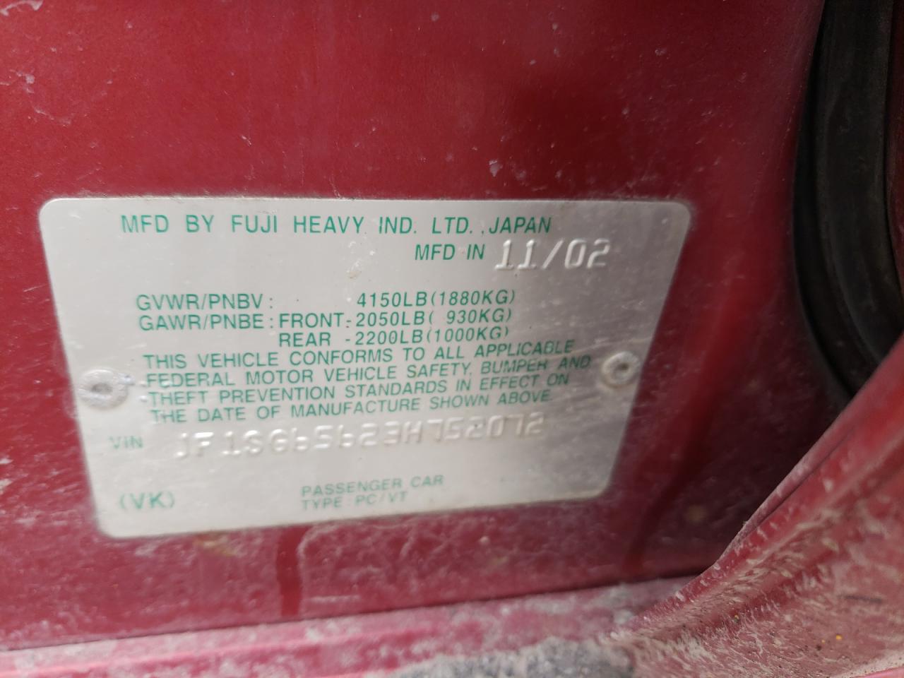 Photo 10 from auction – 2003 SUBARU FORESTER 2 with VIN JF1SG65623H752072