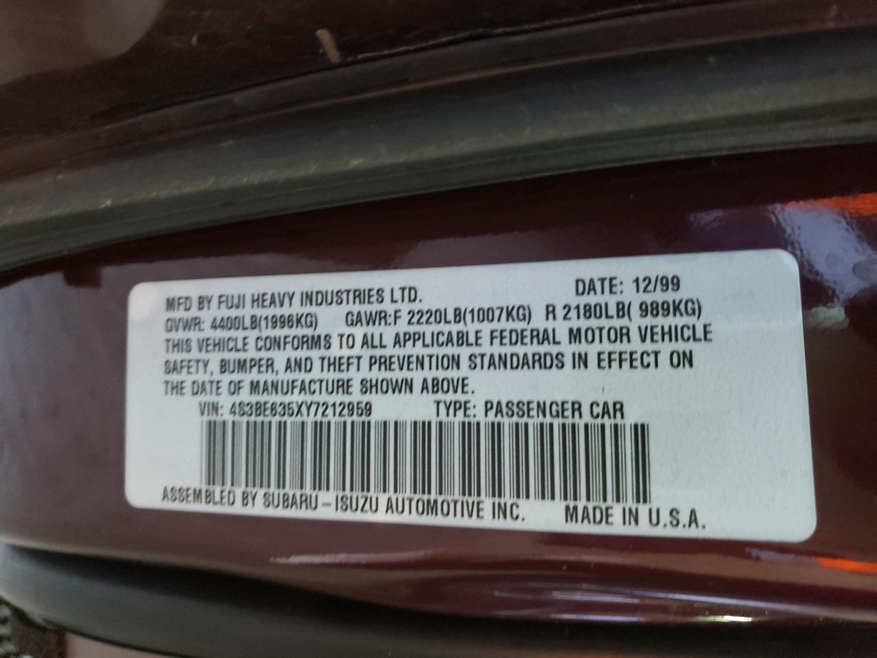 Photo 10 from auction – 2000 SUBARU LEGACY L with VIN 4S3BE635XY7212959