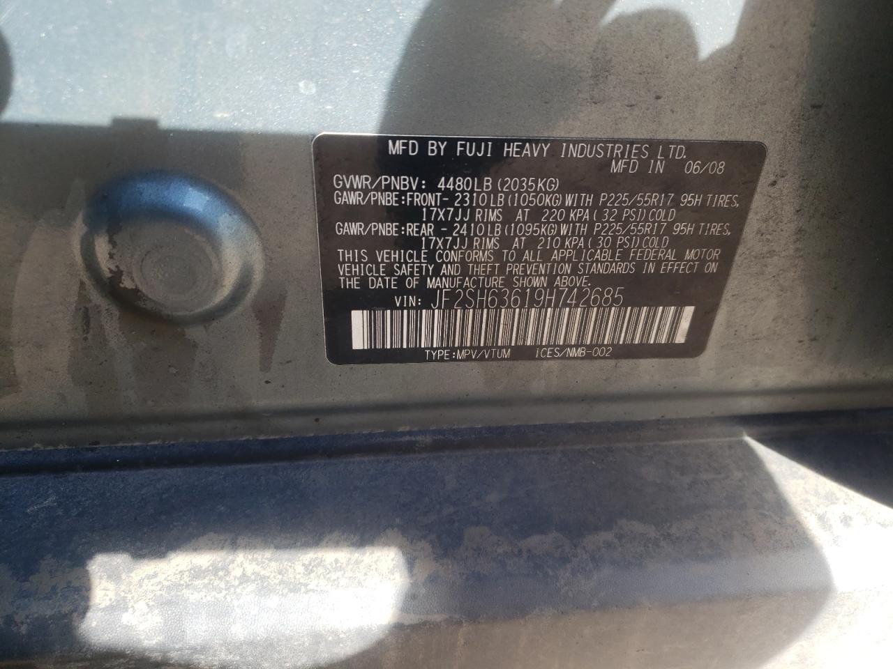 Photo 10 from auction – 2009 SUBARU FORESTER 2 with VIN JF2SH63619H742685