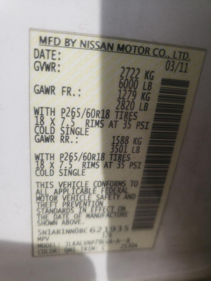 Photo 10 from auction – 2011 NISSAN PATHFINDER with VIN 5N1AR1NN0BC621935