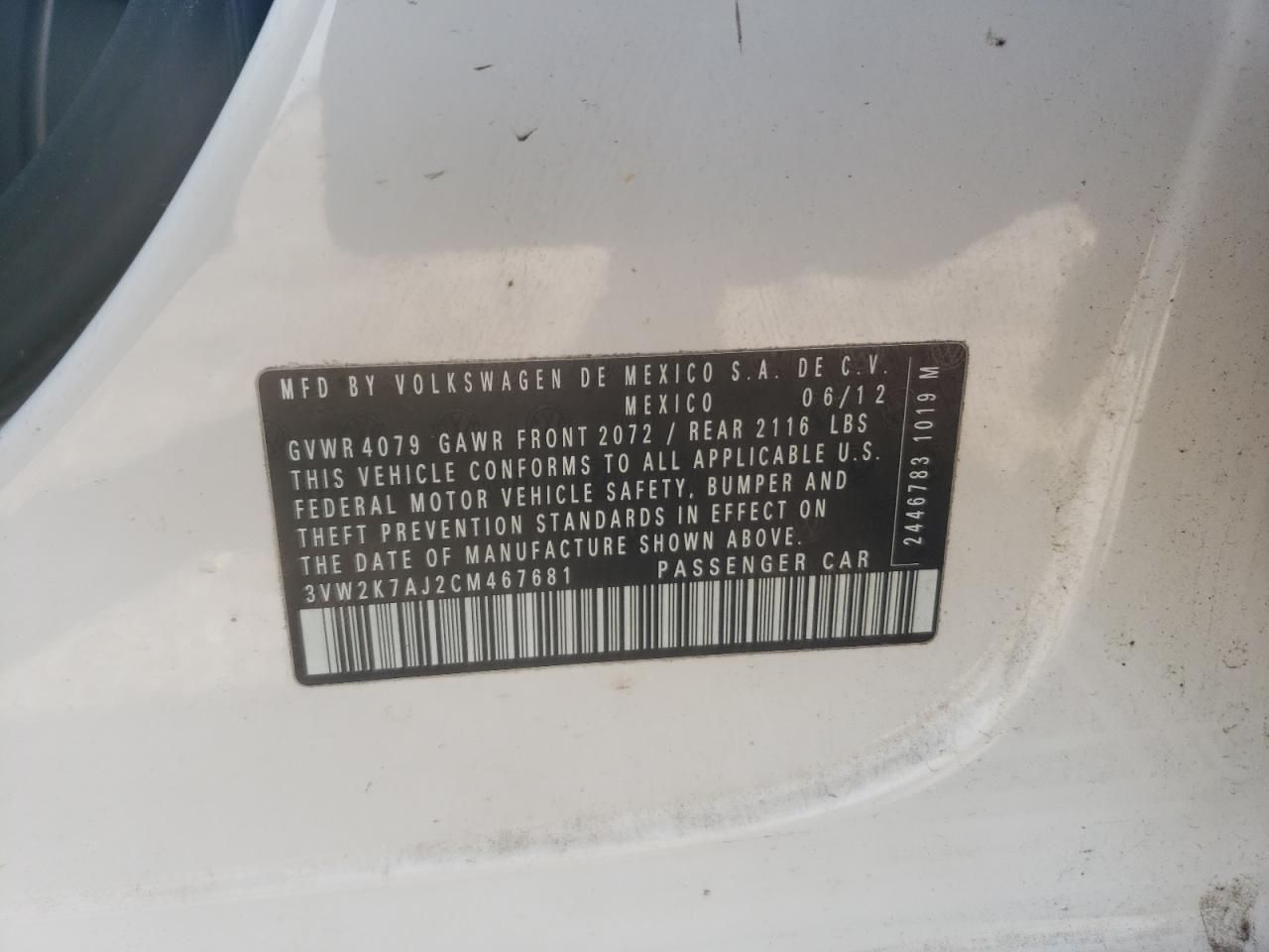 Photo 10 from auction – 2012 VOLKSWAGEN JETTA BASE with VIN 3VW2K7AJ2CM467681