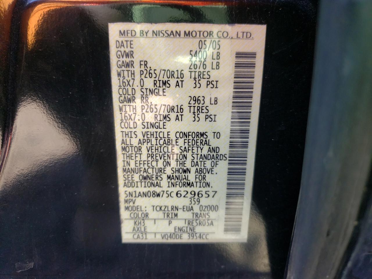Photo 10 from auction – 2005 NISSAN XTERRA with VIN 5N1AN08W75C629657