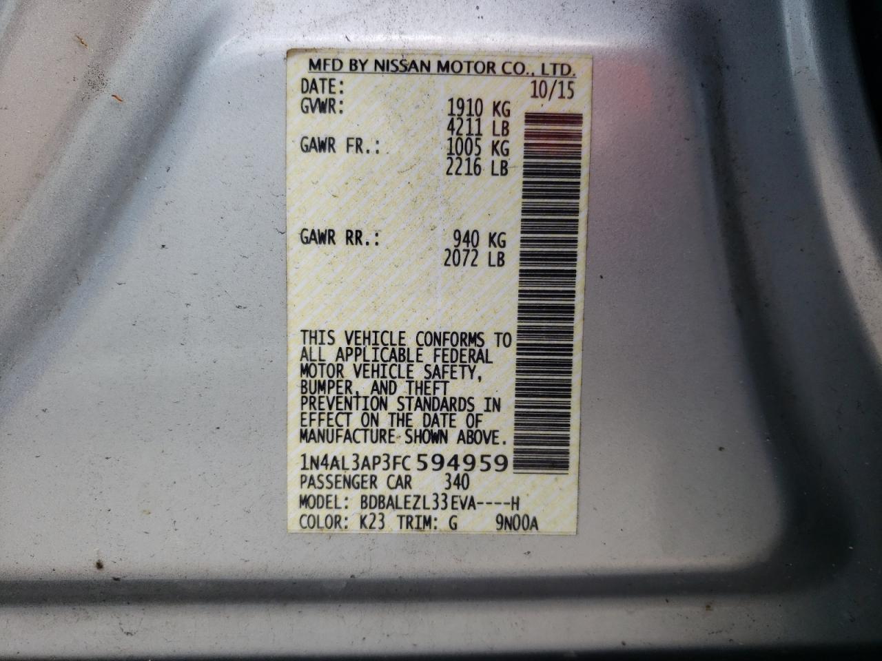 Photo 10 from auction – 2015 NISSAN ALTIMA 2.5 with VIN 1N4AL3AP3FC594959