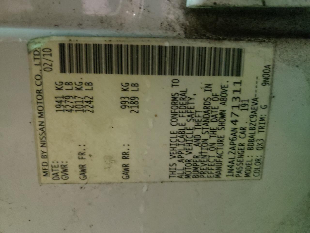 Photo 10 from auction – 2010 NISSAN ALTIMA BAS with VIN 1N4AL2AP6AN471311