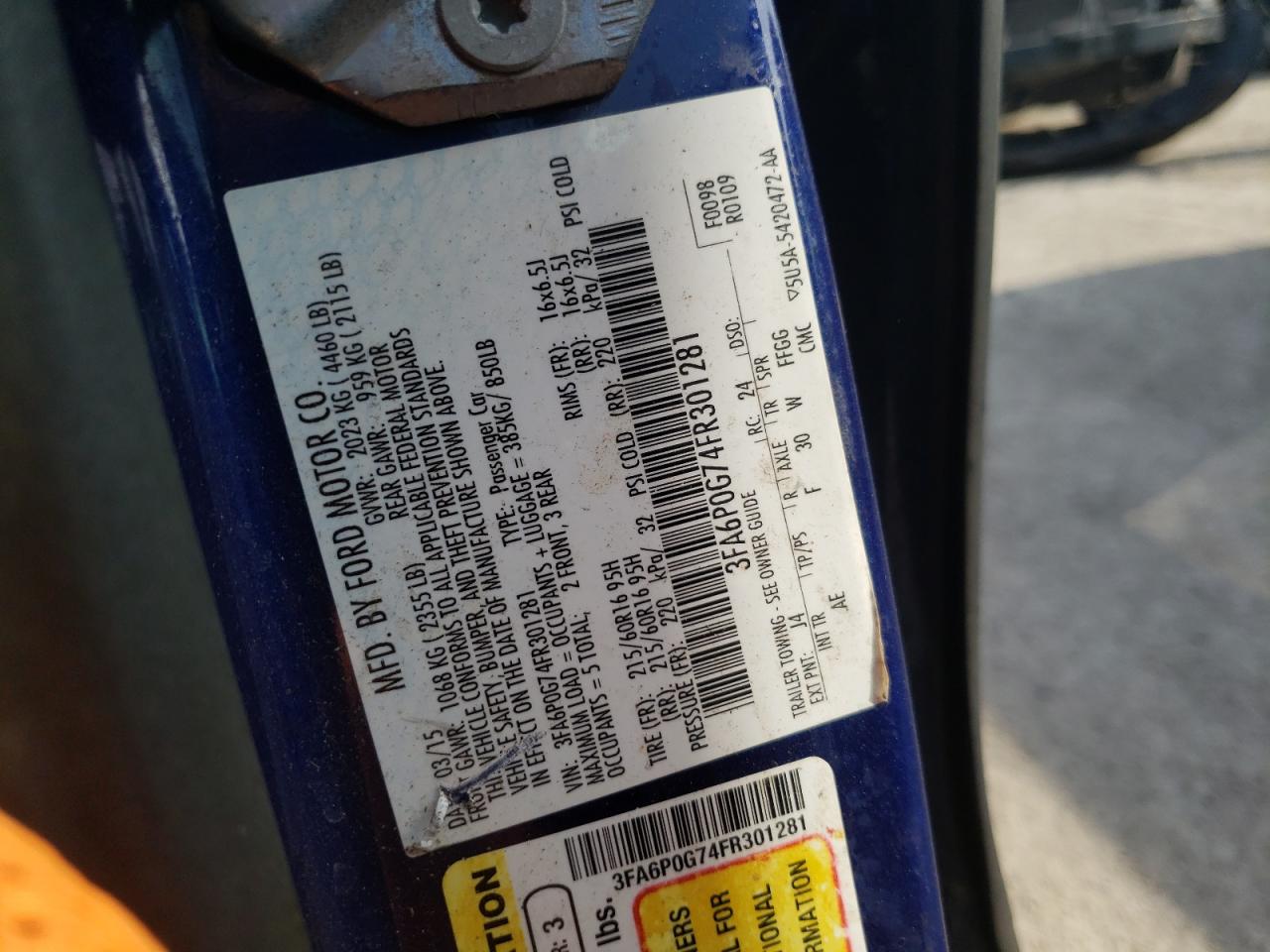 Photo 10 from auction – 2015 FORD FUSION S with VIN 3FA6P0G74FR301281