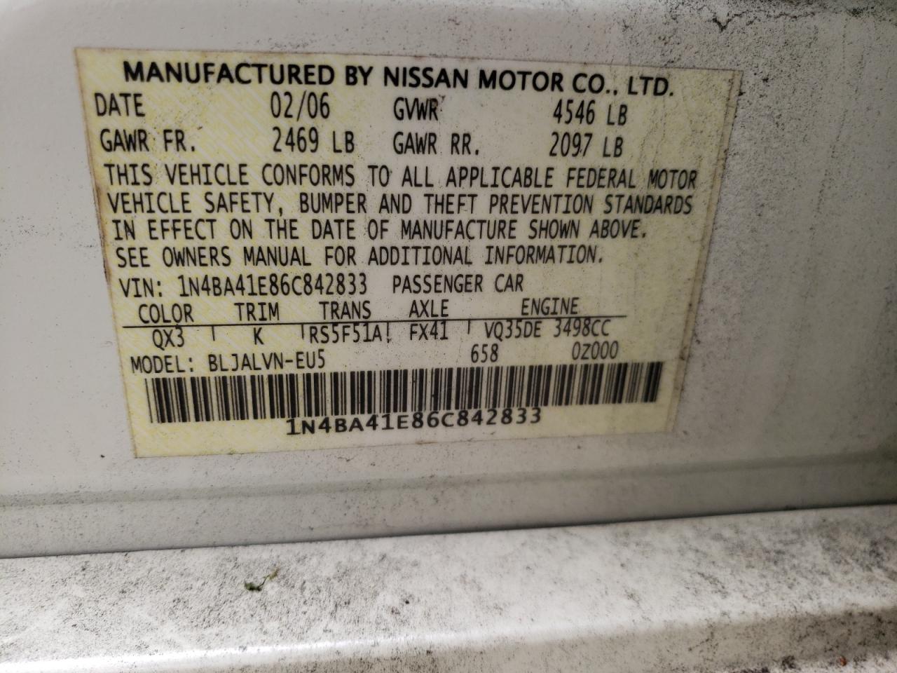 Photo 10 from auction – 2006 NISSAN MAXIMA SE with VIN 1N4BA41E86C842833