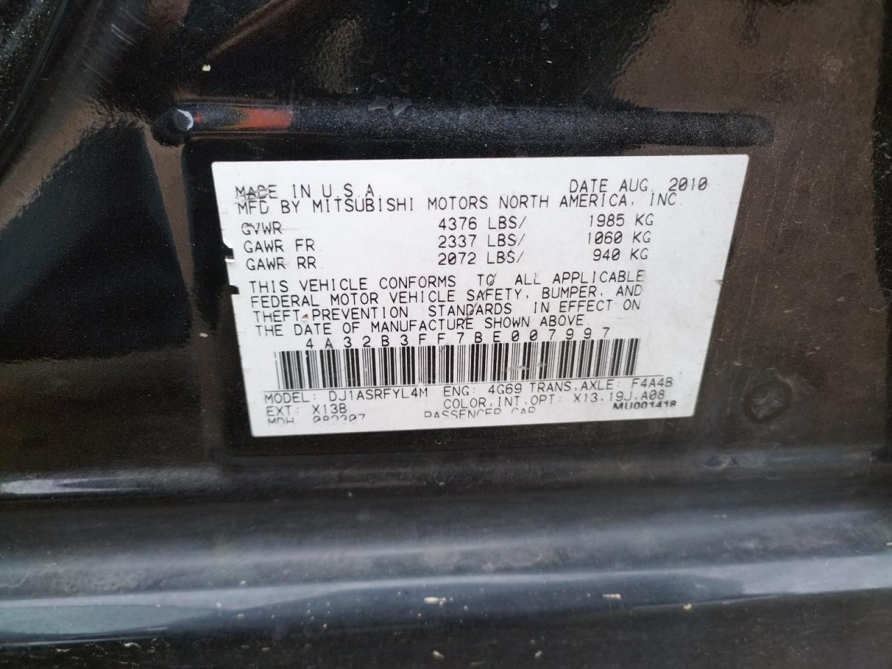 Foto 10 de la subasta – 2011 MITSUBISHI GALANT ES con VIN 4A32B3FF7BE007997