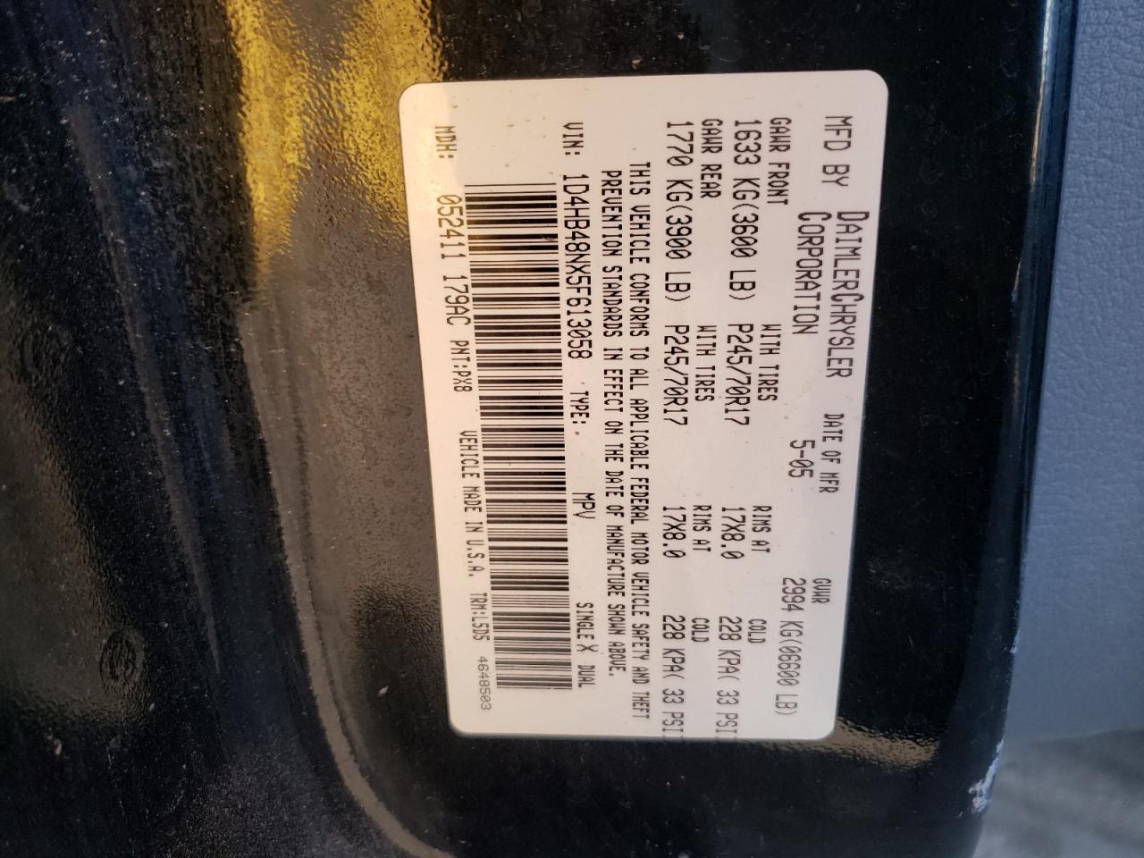Photo 10 from auction – 2005 DODGE DURANGO SL with VIN 1D4HB48NX5F613058