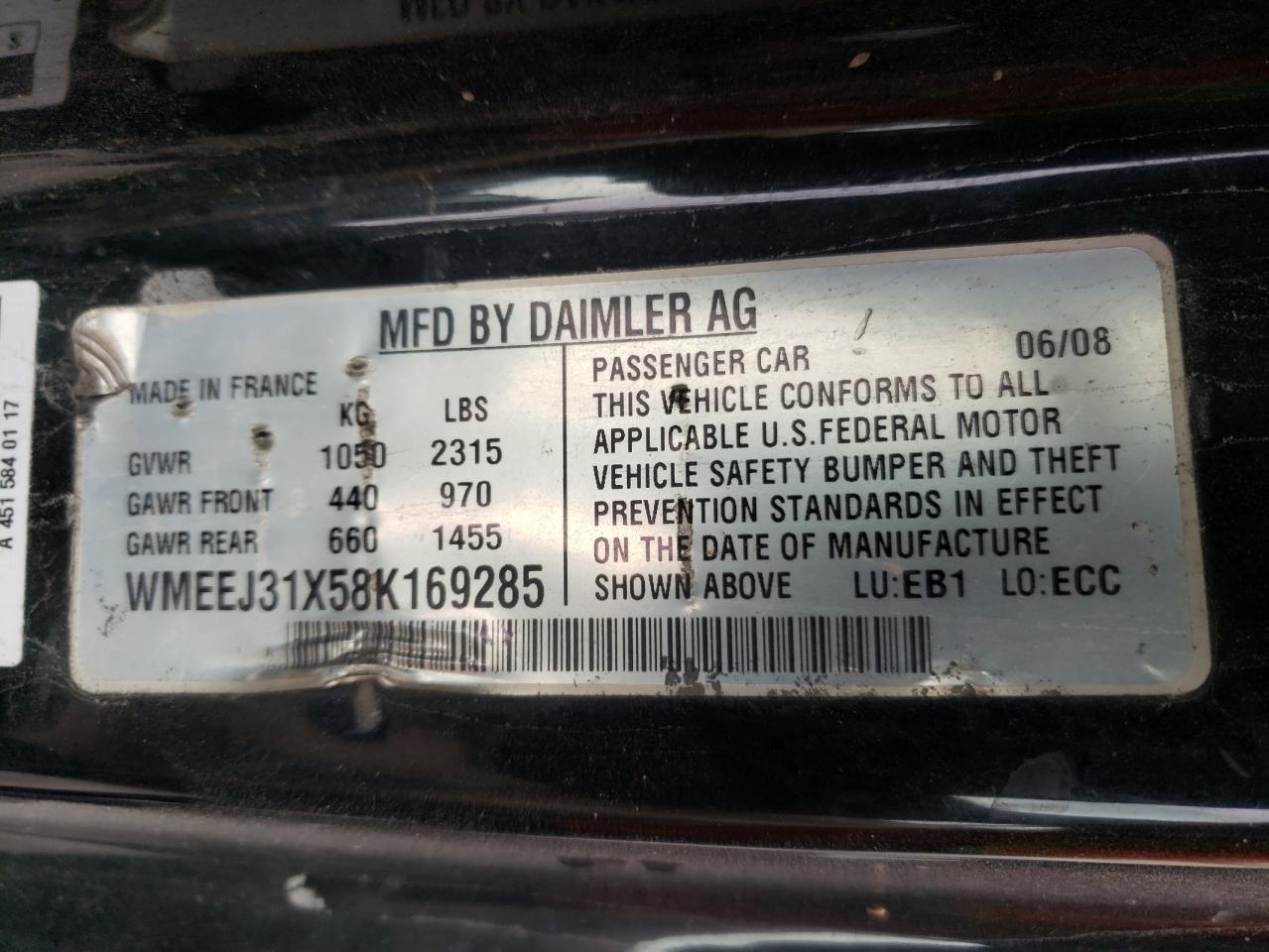 Photo 10 from auction – 2008 SMART FORTWO with VIN WMEEJ31X58K169285