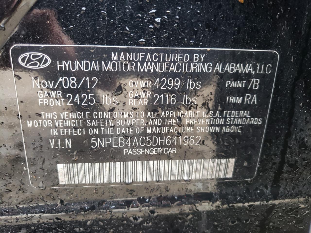 Photo 10 from auction – 2013 HYUNDAI SONATA GLS with VIN 5NPEB4AC5DH641962