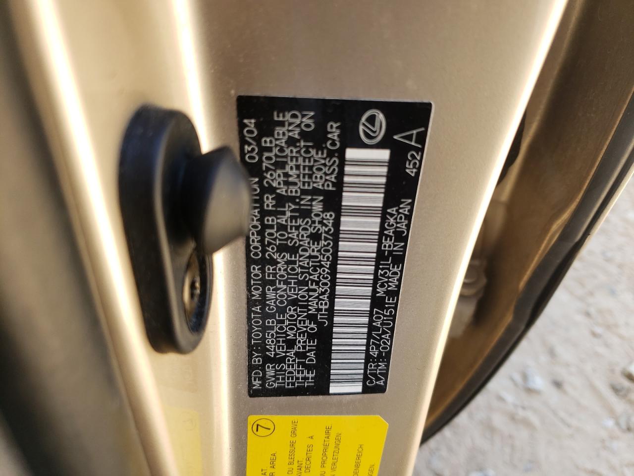 Фото 10 с аукциона – 2004 LEXUS ES 330 с VIN JTHBA30G945037348