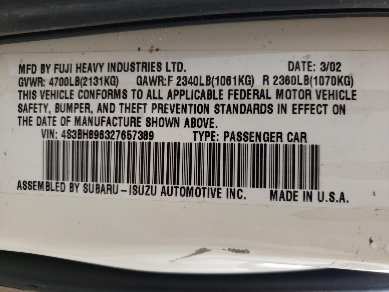 Photo 10 from auction – 2002 SUBARU LEGACY OUT with VIN 4S3BH896327657389