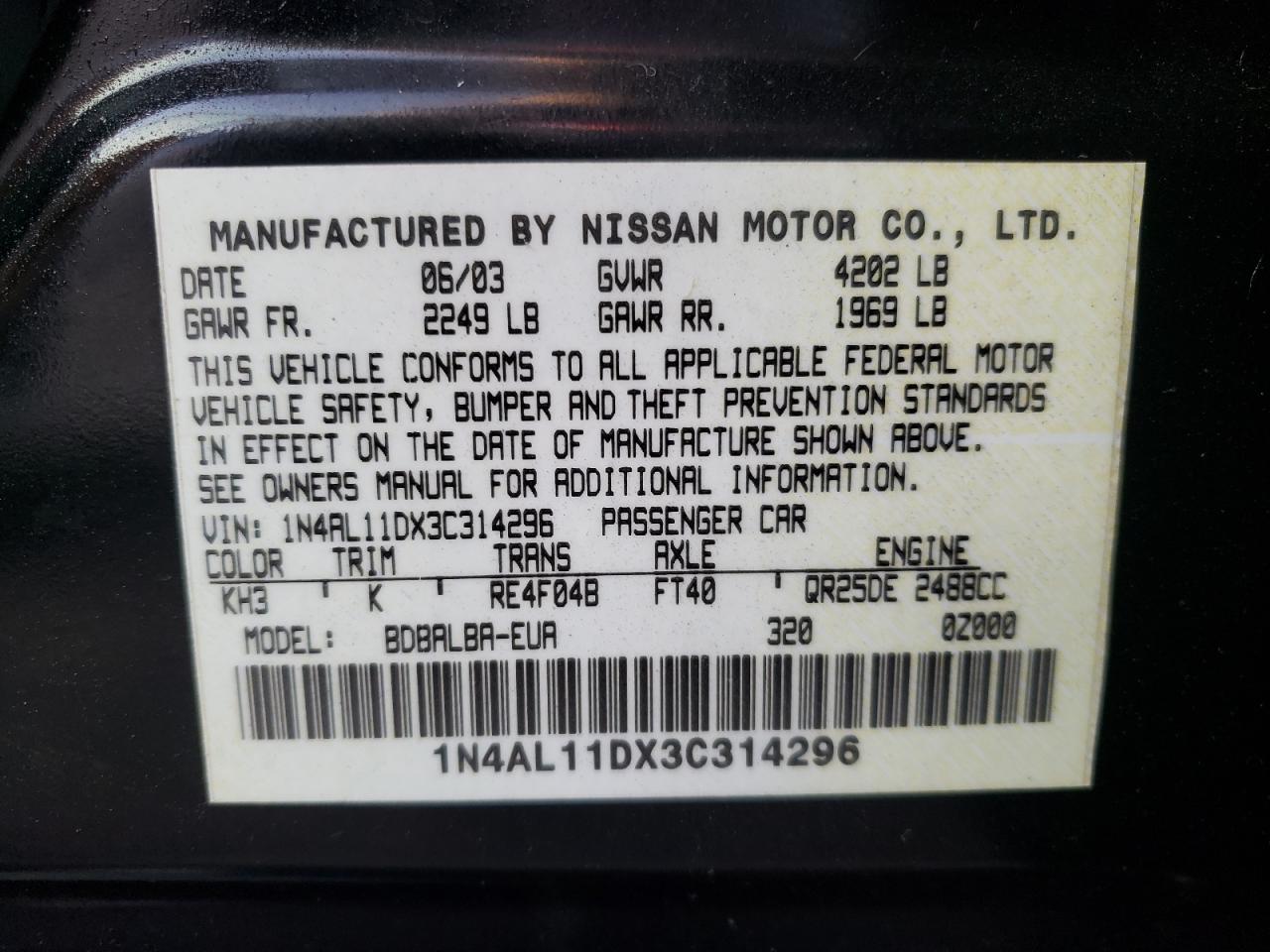 Photo 10 from auction – 2003 NISSAN ALTIMA BAS with VIN 1N4AL11DX3C314296