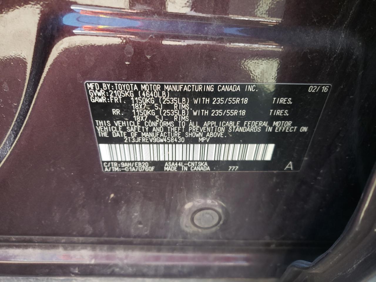 Photo 10 from auction – 2016 TOYOTA RAV4 SE with VIN 2T3JFREV9GW458430