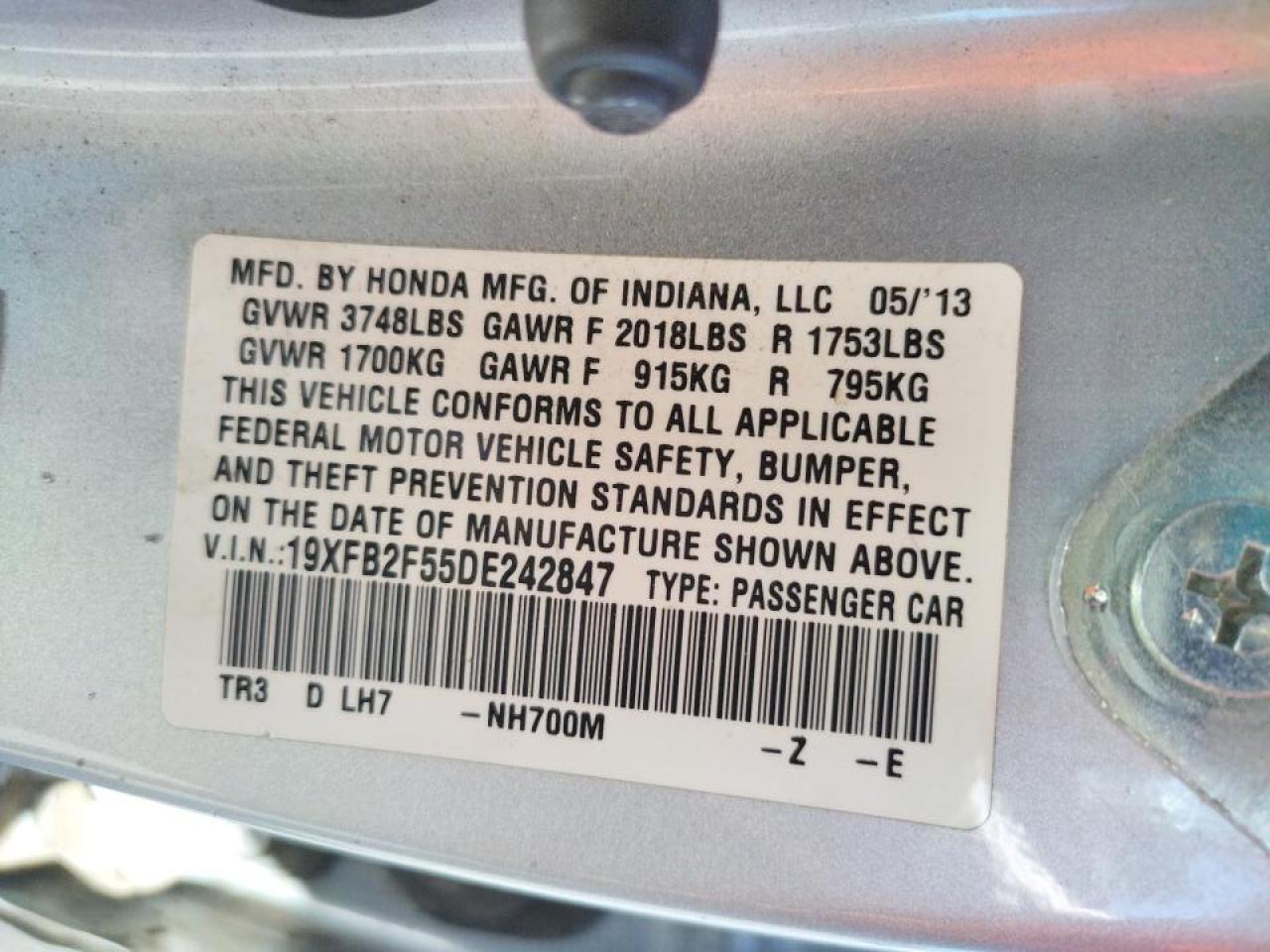 Photo 10 from auction – 2013 HONDA CIVIC LX with VIN 19XFB2F55DE242847