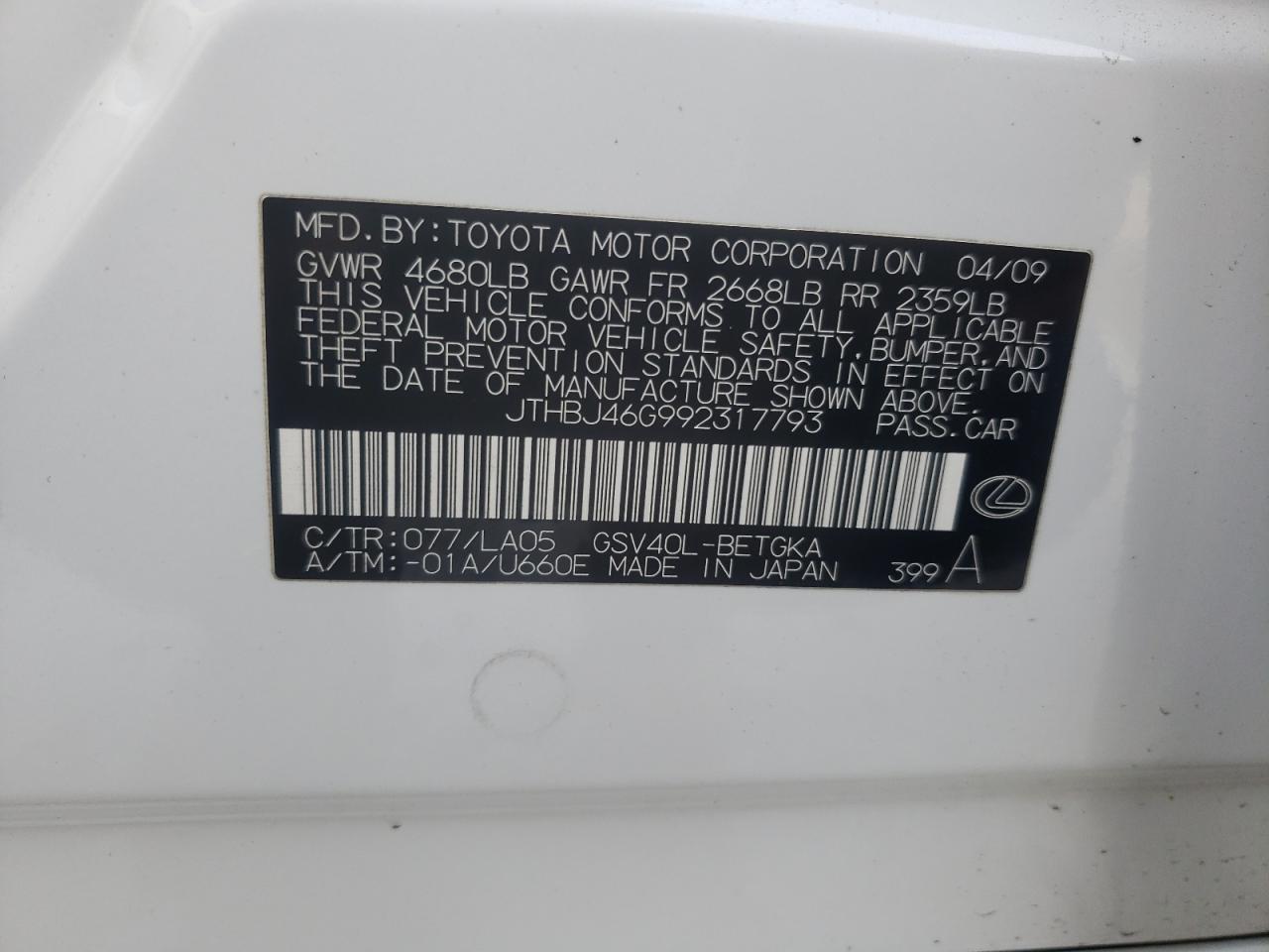 Photo 10 from auction – 2009 LEXUS ES 350 with VIN JTHBJ46G992317793