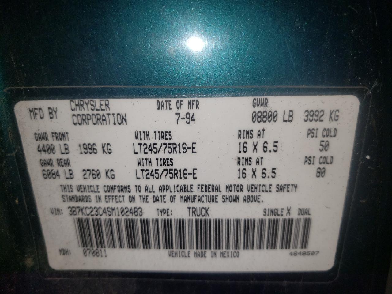 Photo 10 from auction – 1998 DODGE RAM 2500 with VIN 3B7KC23C4SM102483