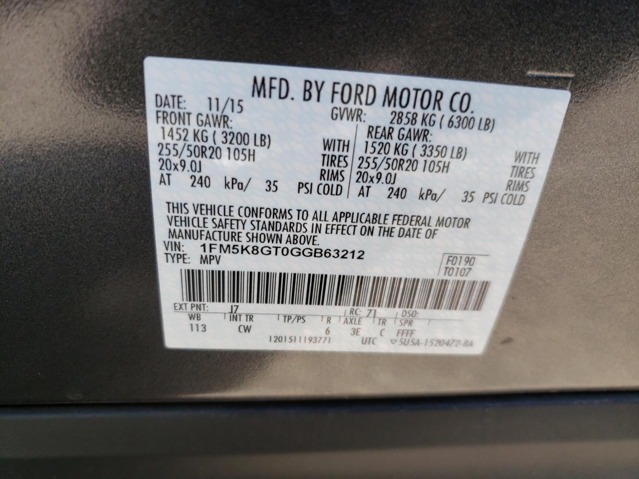 Photo 10 from auction – 2016 FORD EXPLORER S with VIN 1FM5K8GT0GGB63212