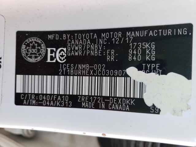 Photo 10 from auction – 2018 TOYOTA COROLLA L with VIN 2T1BURHEXJC030907