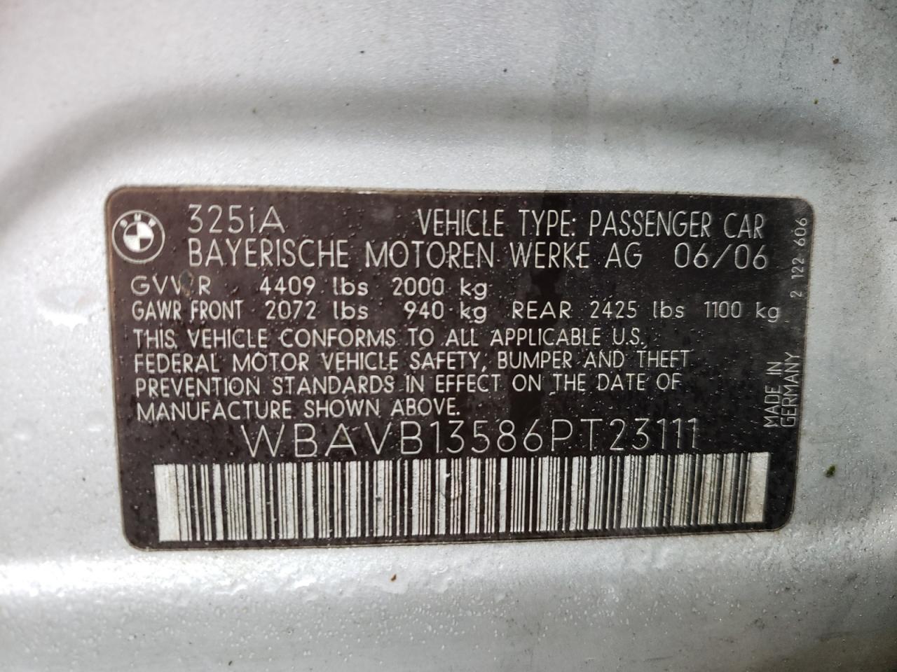Photo 10 from auction – 2006 BMW 325 I with VIN WBAVB13586PT23111