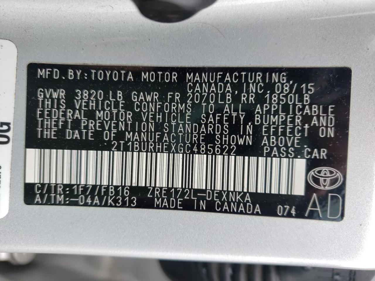 Photo 10 from auction – 2016 TOYOTA COROLLA L with VIN 2T1BURHEXGC485622