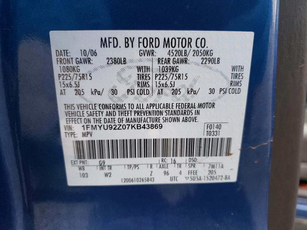 Photo 10 from auction – 2007 FORD ESCAPE XLS with VIN 1FMYU92Z07KB43869