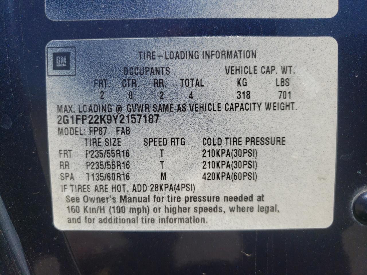 Photo 10 from auction – 2000 CHEVROLET CAMARO with VIN 2G1FP22K9Y2157187