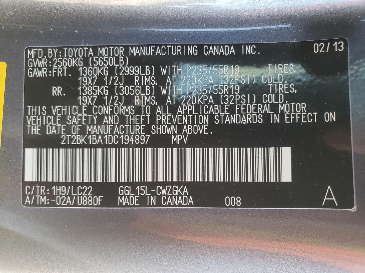 Photo 10 from auction – 2013 LEXUS RX 350 BAS with VIN 2T2BK1BA1DC194897