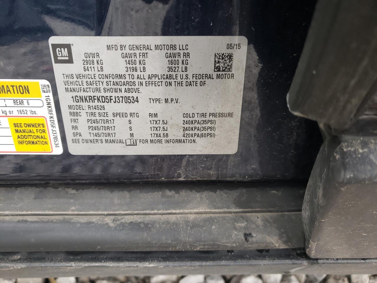 Photo 10 from auction – 2015 CHEVROLET TRAVERSE L with VIN 1GNKRFKD5FJ370534