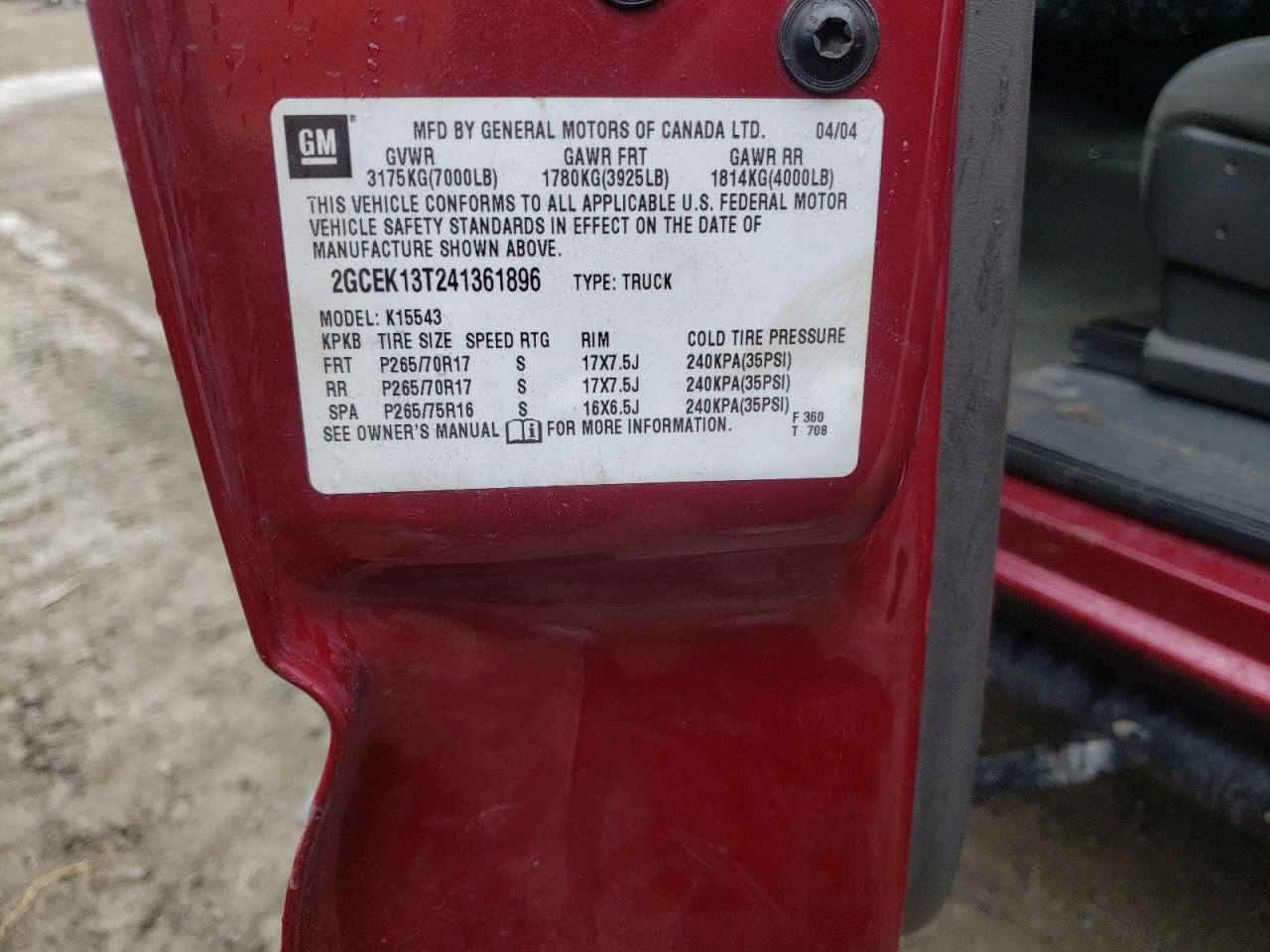 Photo 10 from auction – 2004 CHEVROLET SILVERADO with VIN 2GCEK13T241361896