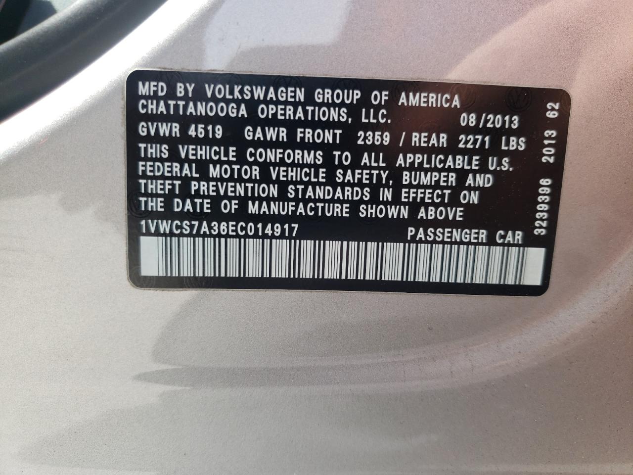 Photo 10 from auction – 2014 VOLKSWAGEN PASSAT SEL with VIN 1VWCS7A36EC014917