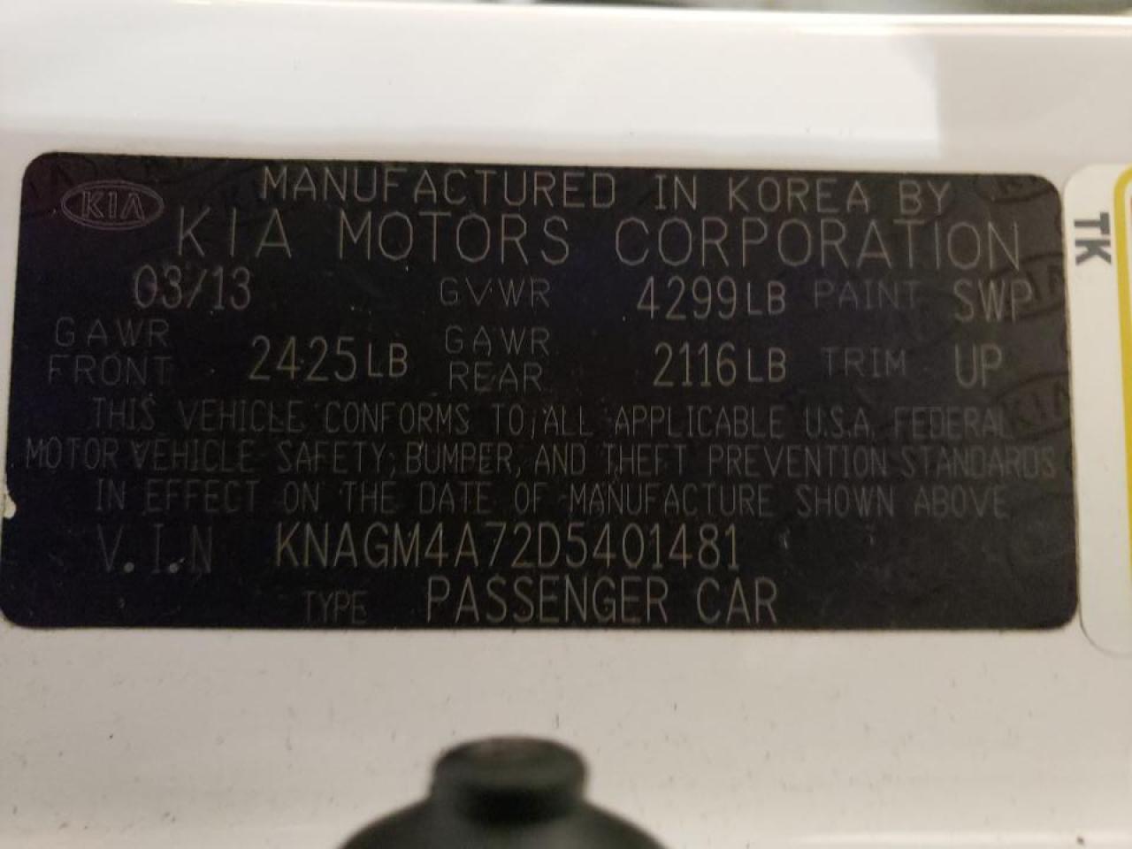 Photo 10 from auction – 2013 KIA OPTIMA LX with VIN KNAGM4A72D5401481