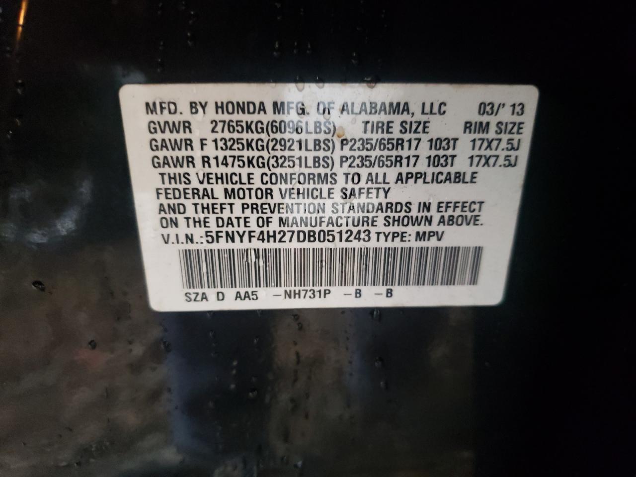 Photo 10 from auction – 2013 HONDA PILOT LX with VIN 5FNYF4H27DB051243