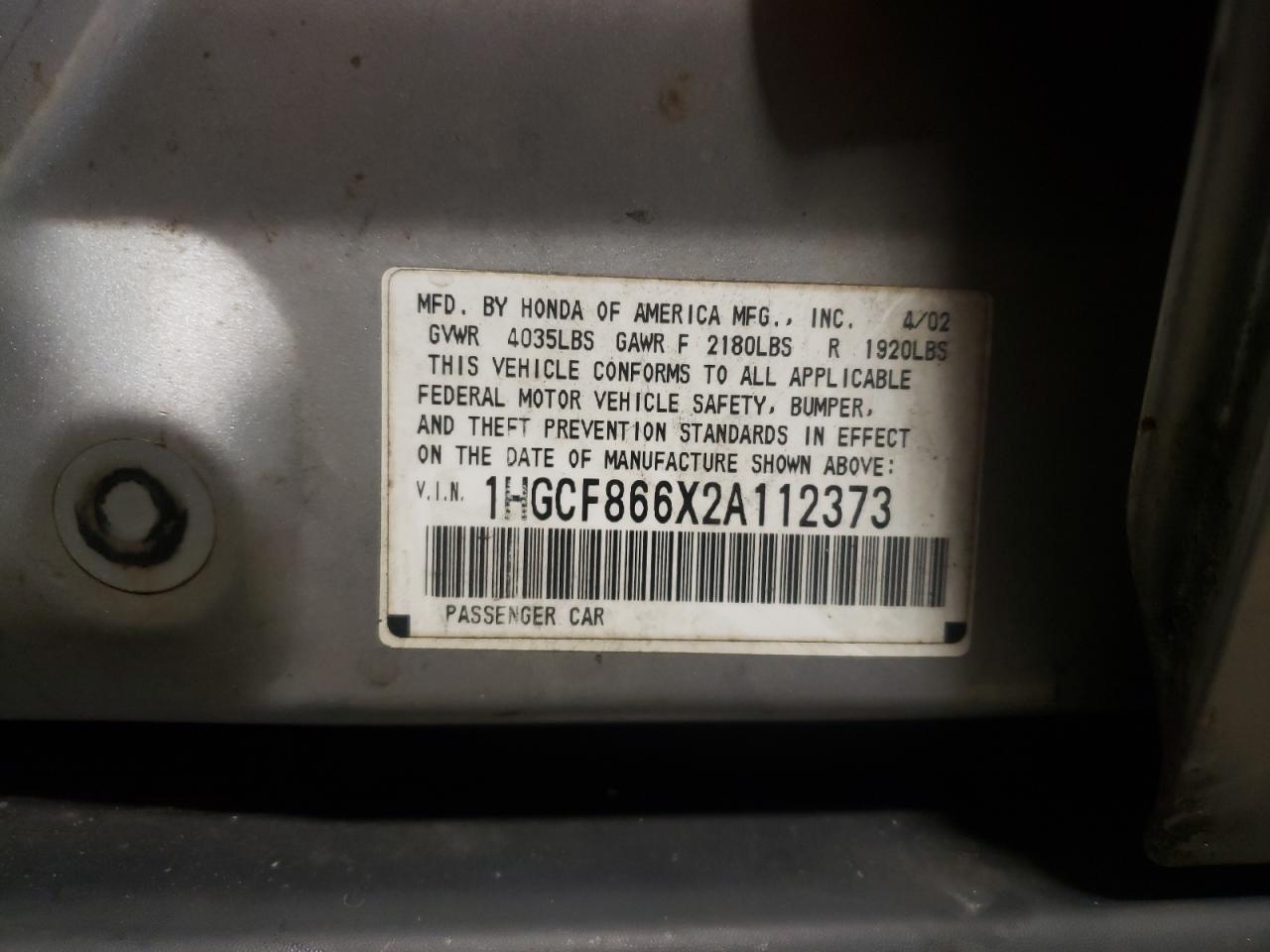 Photo 10 from auction – 2002 HONDA ACCORD VAL with VIN 1HGCF866X2A112373