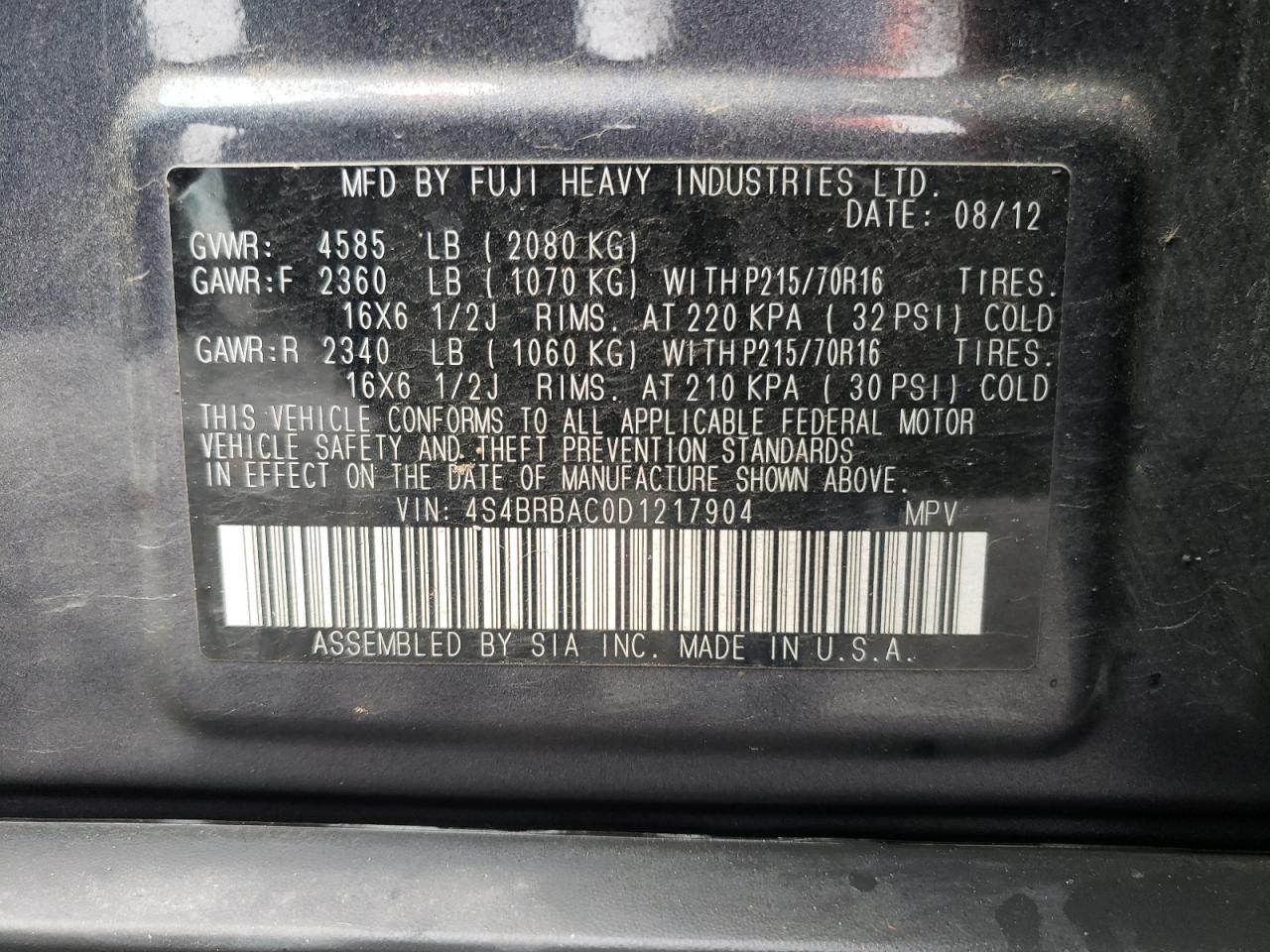 Photo 10 from auction – 2013 SUBARU OUTBACK 2. with VIN 4S4BRBAC0D1217904