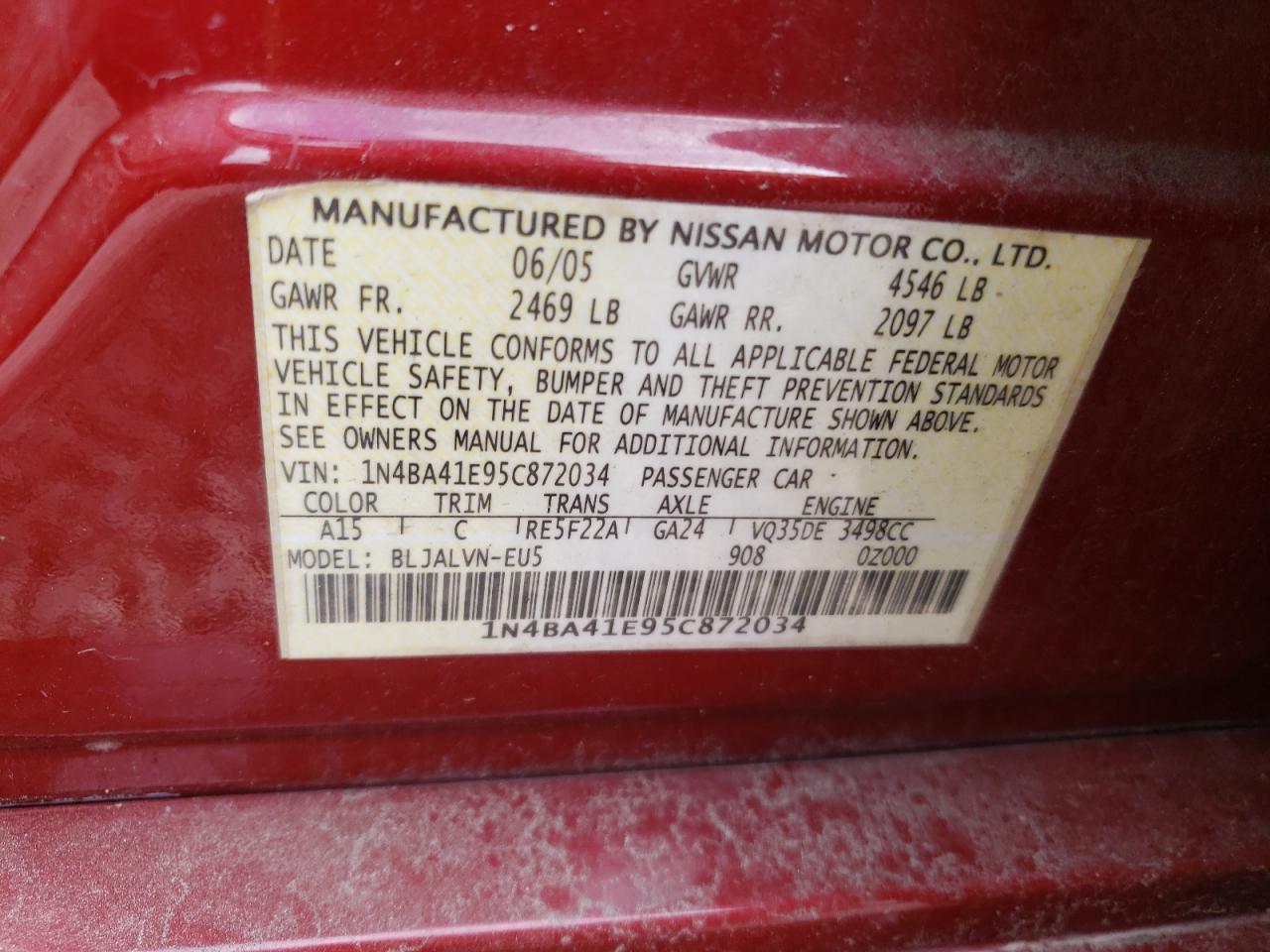 Photo 10 from auction – 2005 NISSAN MAXIMA SE with VIN 1N4BA41E95C872034
